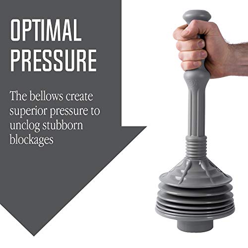 VETTA Professional Bellows Accordion Toilet Plunger, High Pressure Thrust Plunge Removes Heavy Duty Clogs from Clogged Bathroom Toilets, All Purpose Commercial Power Plungers for Any Bathrooms, Grey