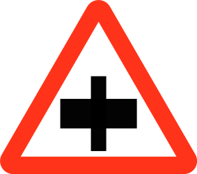 Traffic sign of Bangladesh: Warning for a crossroad, give way to all drivers
