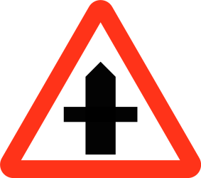 Traffic sign of Bangladesh: Warning for a crossroad side roads on the left and right