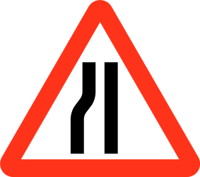 Traffic sign of Bangladesh: Warning for a road narrowing on the left