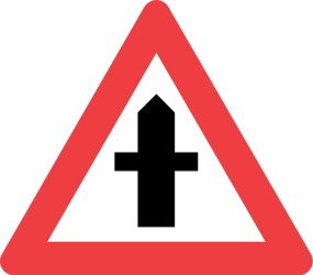 Traffic sign of Denmark: Warning for a crossroad side roads on the left and right