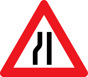 Traffic sign of Denmark: Warning for a road narrowing on the left