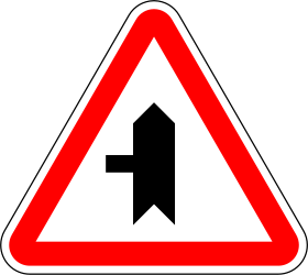 Traffic sign of Portugal: Warning for a crossroad with a side road on the left