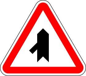 Traffic sign of Portugal: Warning for a crossroad with a sharp side road on the left
