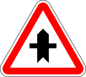 Traffic sign of Portugal: Warning for a crossroad side roads on the left and right